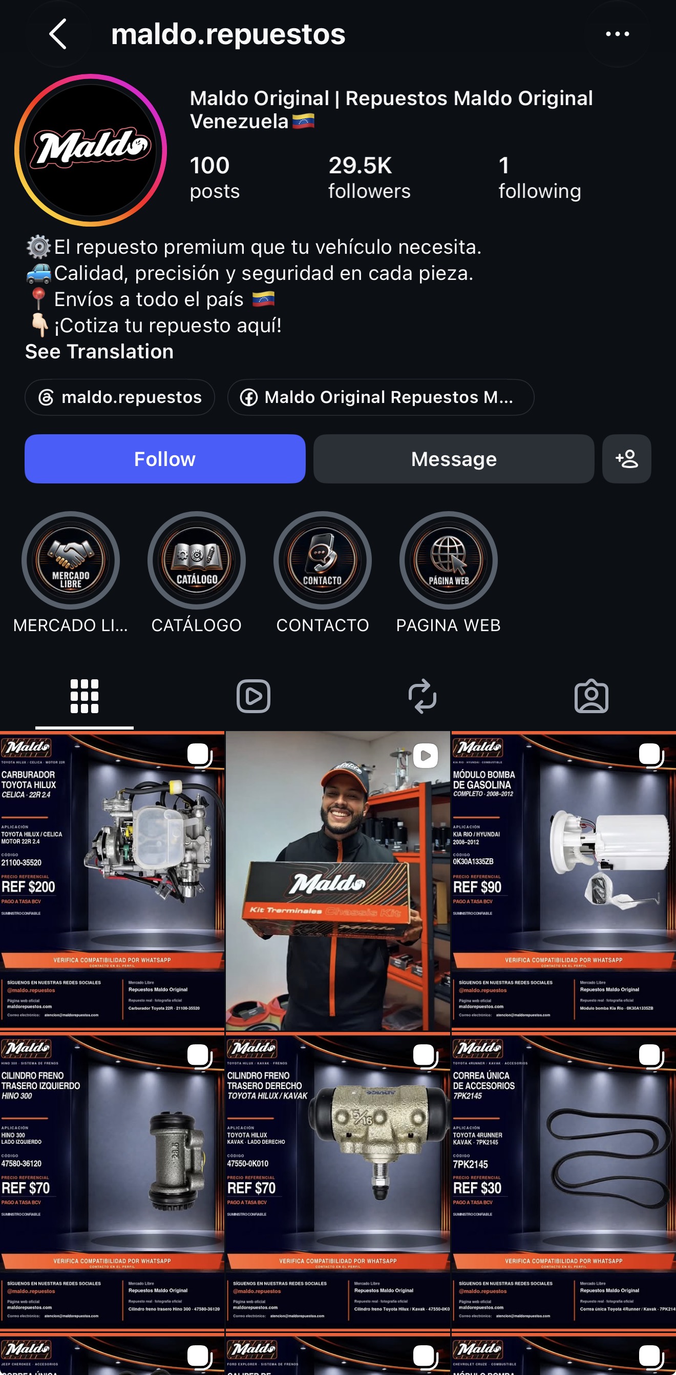 Perfil oficial de MALDO Repuestos en Instagram con información de la cuenta y publicaciones